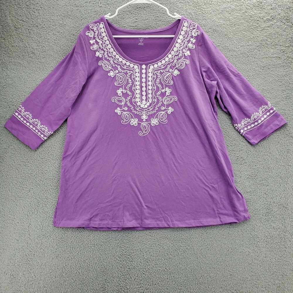Woman Within Embroidered Knit Tunic Womens Size 14/16 L Violet Purple White